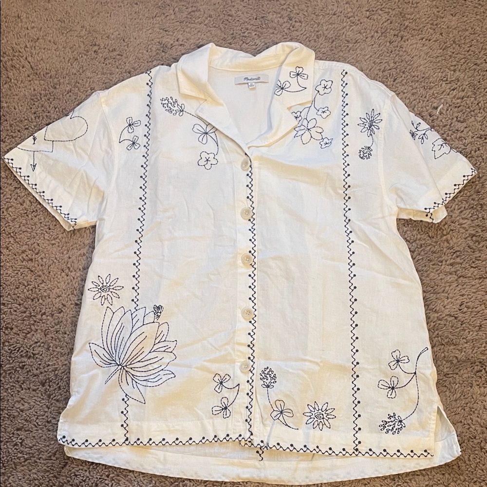 Madewell Cream Button-Up Top with Navy Embroidery